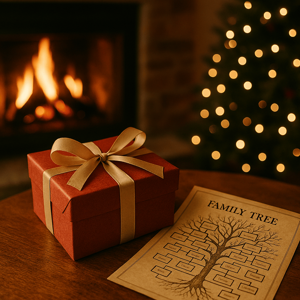 Een mooi ingepakt cadeau met een gouden strik op een houten tafel, naast een genealogieblad met een stamboom, voor een open haard en een kerstboom op de achtergrond.
